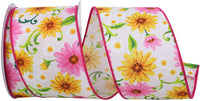 Pink 2-1 2 Inch Gerberas And Daisies Wired Edge Ribbon for Wreaths & Bows