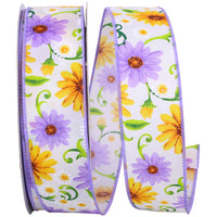 Lavender 1-1 2 Inch Gerberas And Daisies Wired Edge Ribbon for Wreaths & Bows