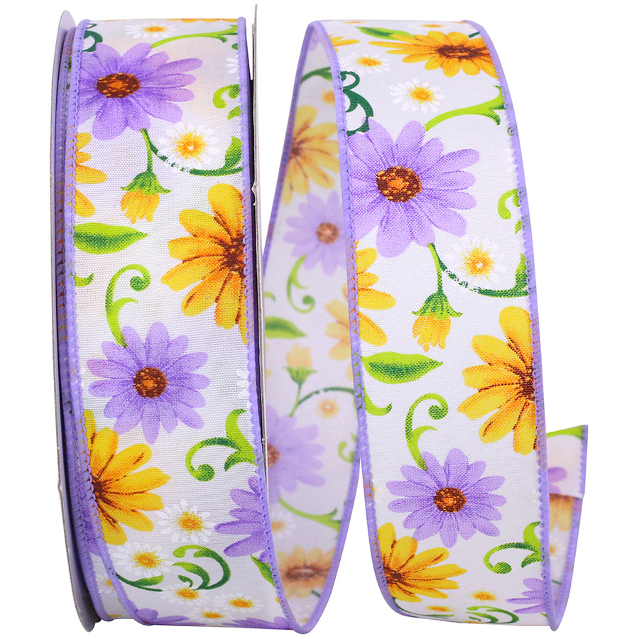 Lavender 1-1 2 Inch Gerberas And Daisies Wired Edge Ribbon for Wreaths & Bows