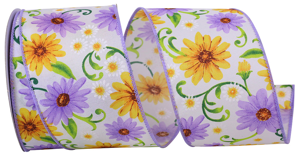 Lavender 2-1 2 Inch Gerberas And Daisies Wired Edge Ribbon for Wreaths & Bows