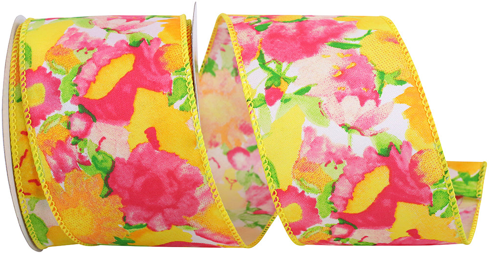 Yellow 2-1 2 Inch Floral Impressionist Bright Wired Edge Ribbon for Wreaths & Bows