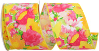 Yellow 2-1 2 Inch Floral Impressionist Bright Wired Edge Ribbon for Wreaths & Bows