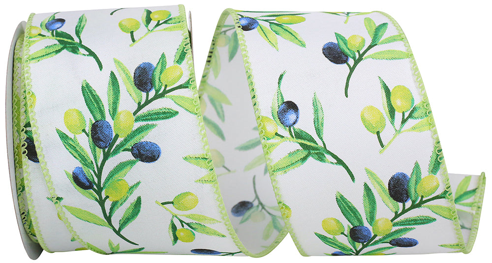 White Green 2-1 2 Inch Olive Branches Wired Edge Ribbon for Wreaths & Bows