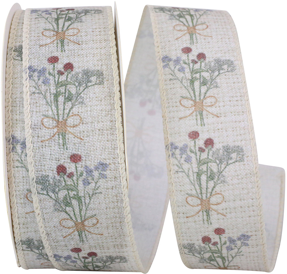 Natural 1-1 2 Inch Dainty Floral Bouquet Linen Ribbon for Wreaths & Bows
