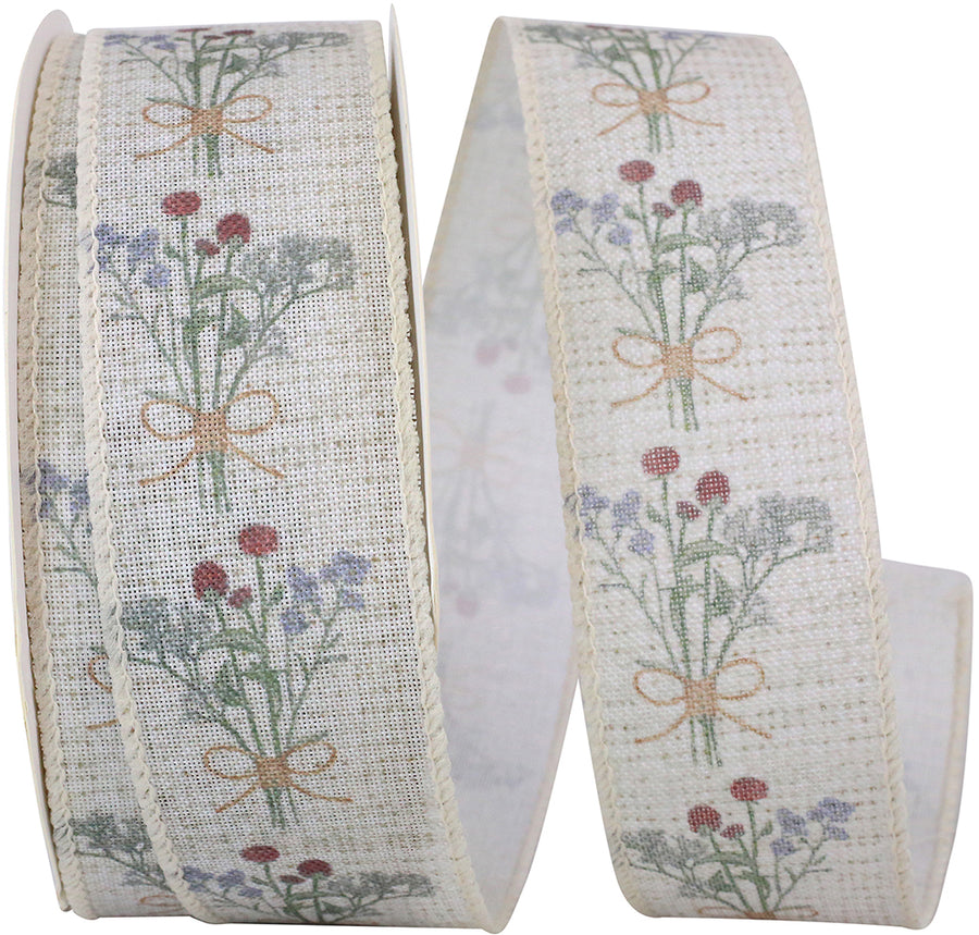 Natural 1-1 2 Inch Dainty Floral Bouquet Linen Ribbon for Wreaths & Bows