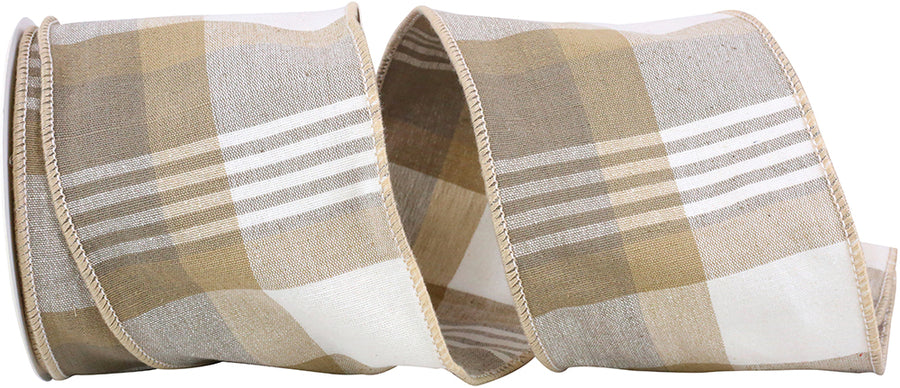 Plaid Sand Canvas Wired Edge Ribbon 4 Inch for Bows