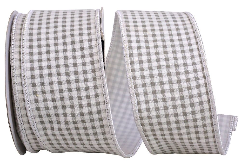 Grey Gingham Seersucker Wired Edge Ribbon 2-1/2 Inch