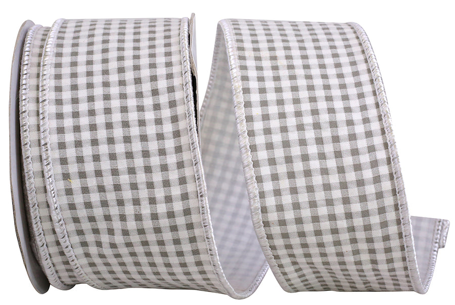 Grey Gingham Seersucker Wired Edge Ribbon 2-1/2 Inch