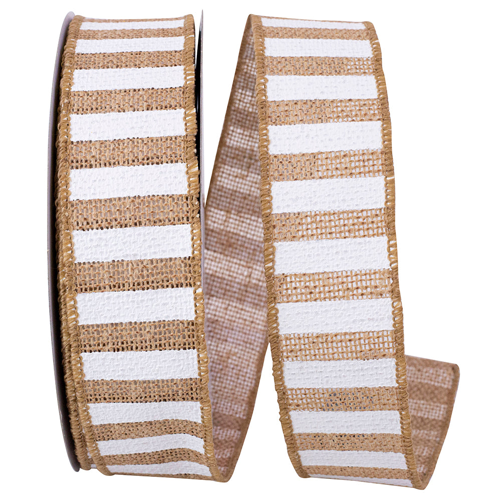 Cabana Stripe Burlap Ribbon Natural White 1-1/2 Inch