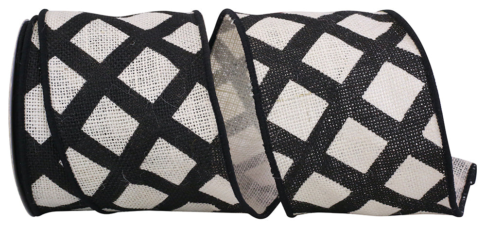 4 Inch Black White Lattice Burlap Wired Edge Ribbon