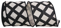 4 Inch Black White Lattice Burlap Wired Edge Ribbon