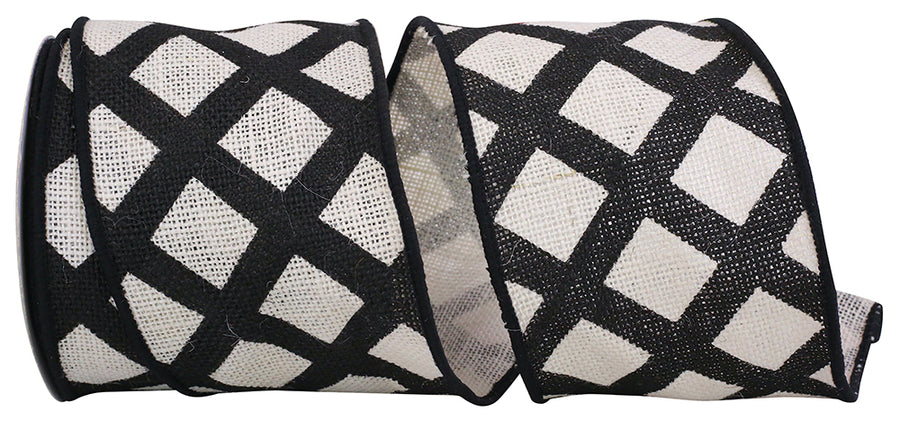 4 Inch Black White Lattice Burlap Wired Edge Ribbon