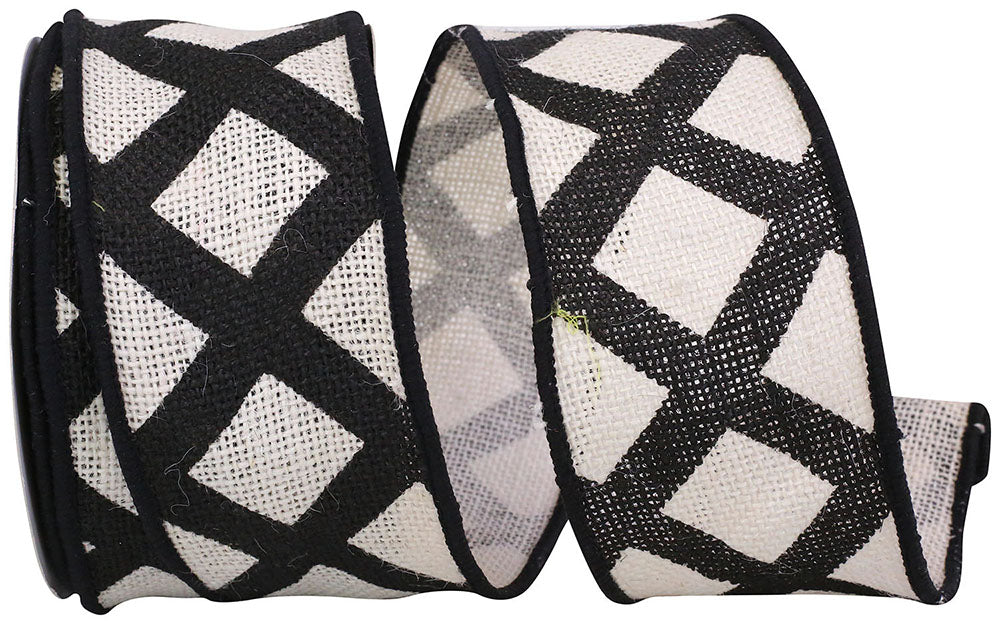 Black White Lattice Burlap Wired Edge Ribbon 2-1/2 Inch