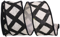 Black White Lattice Burlap Wired Edge Ribbon 2-1/2 Inch