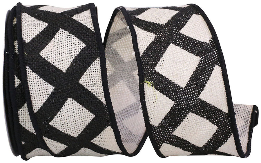 Black White Lattice Burlap Wired Edge Ribbon 2-1/2 Inch