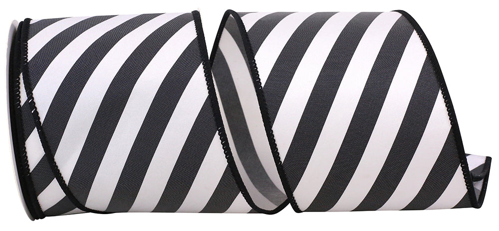 Black White 4 Inch Large Stripe Diagonal Decor Wired Edge Ribbon for Wreaths & Bows