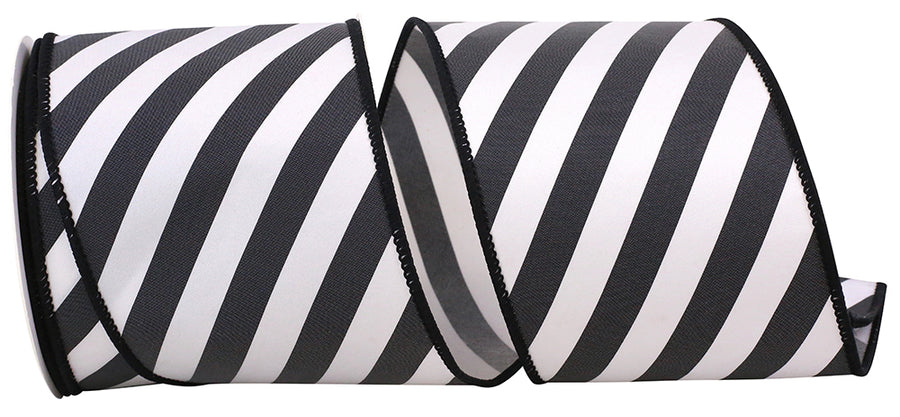 Black White 4 Inch Large Stripe Diagonal Decor Wired Edge Ribbon for Wreaths & Bows