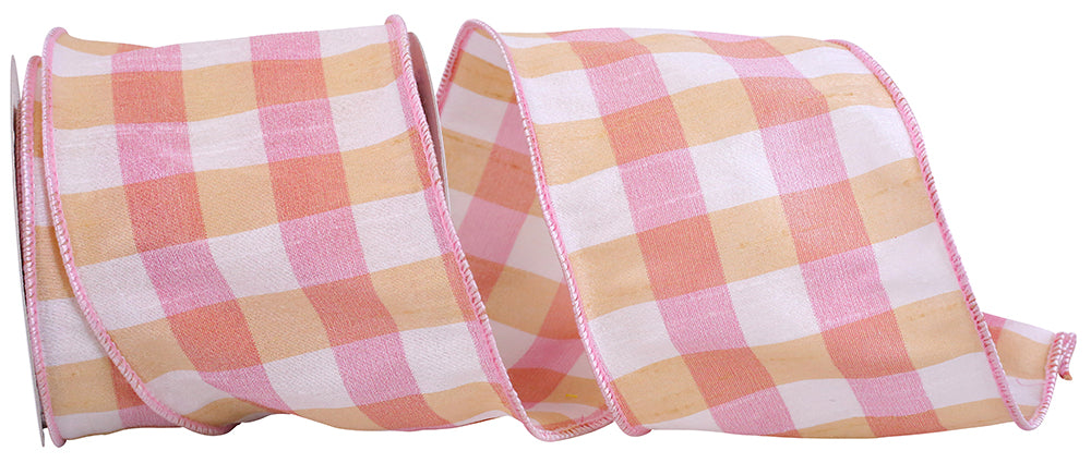Pink Gold 4 Inch Orchard Check Grand Dupioni Wired Edge Ribbon for Wreaths & Bows