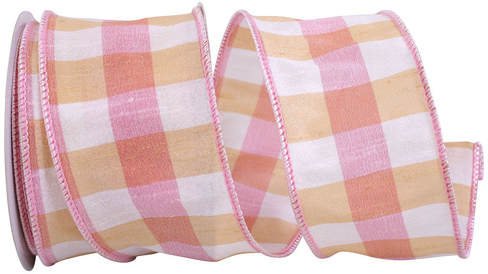 Pink Gold 2-1 2 Inch Orchard Check Grand Dupioni Wired Edge Ribbon for Wreaths & Bows
