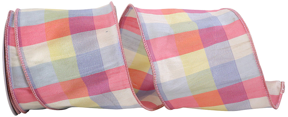 Sherbert 4 Inch Afternoon Check Grand Wired Edge Ribbon for Wreaths & Bows