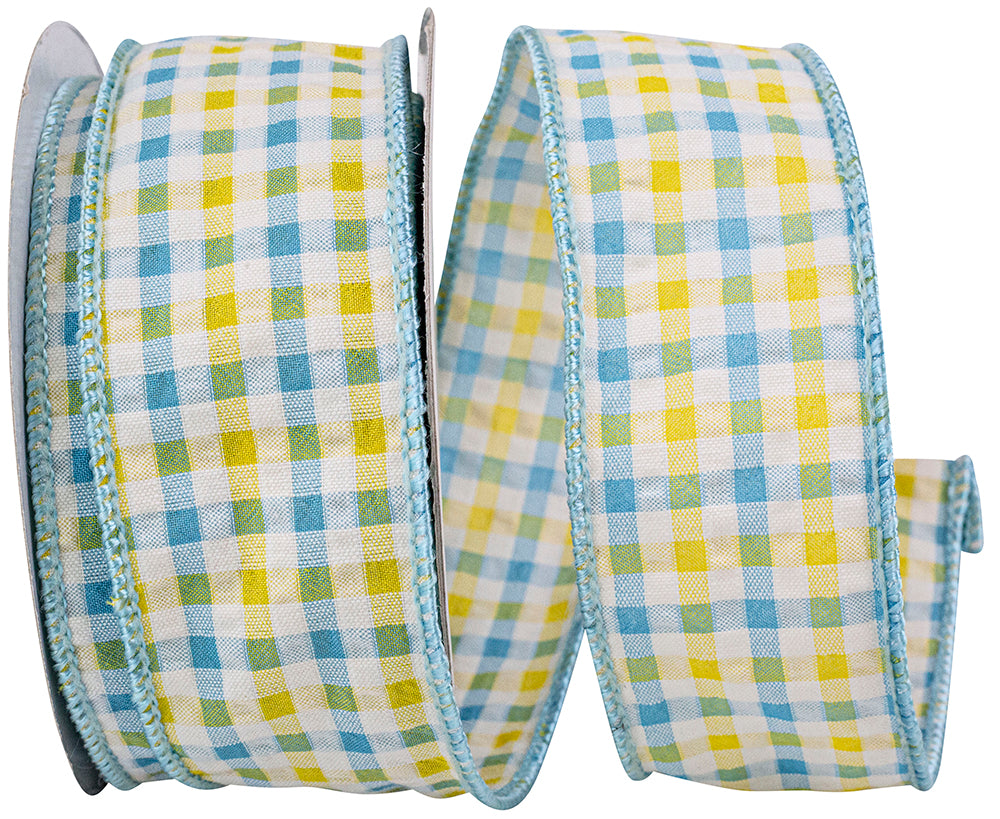 Light 1-1 2 Inch Seersucker Check Summer Wired Edge Ribbon for Wreaths & Bows