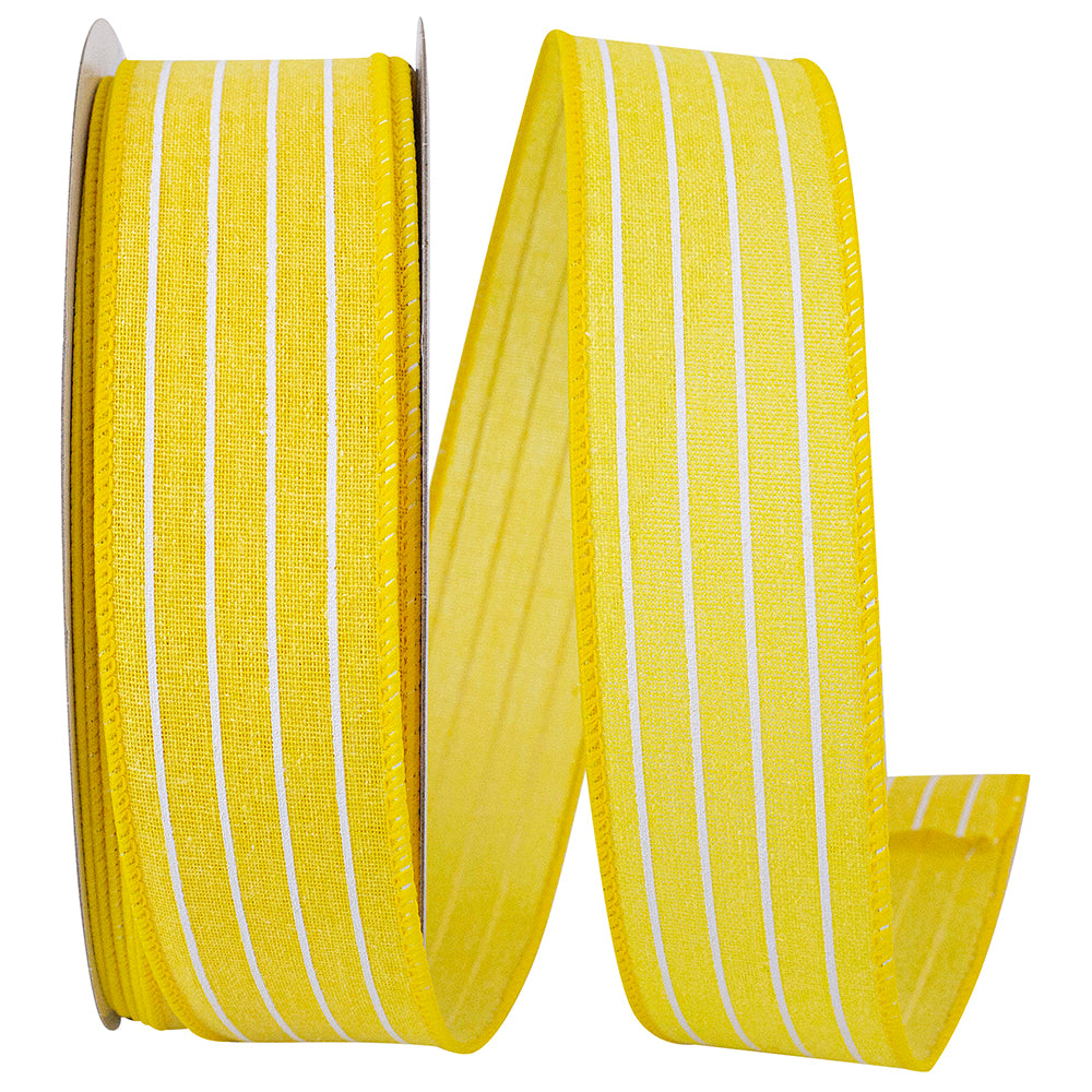 Yellow 1-1 2 Inch Pin Stripe Linen Sunshine Wired Edge Ribbon for Wreaths & Bows