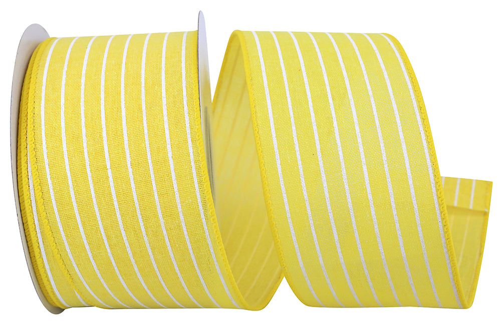 Yellow 2-1 2 Inch Pin Stripe Linen Sunshine Wired Edge Ribbon for Wreaths & Bows