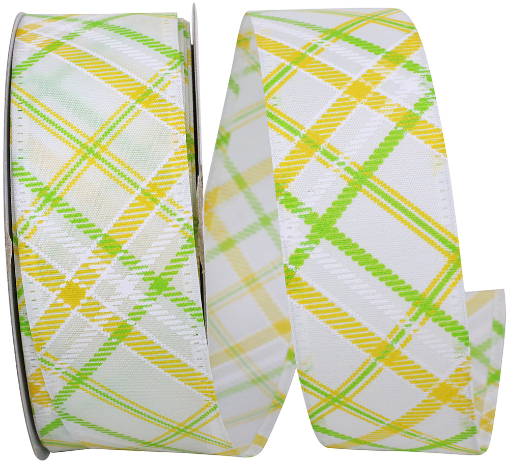 Wired Edge Ribbon White 1-1/2 Inch Plaid Stitch Sunshine