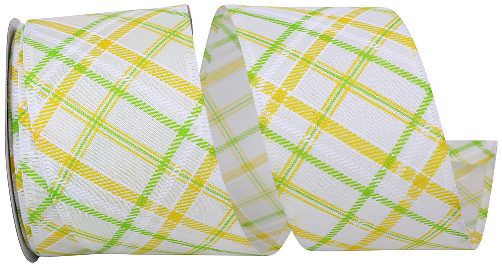 Wired Edge Ribbon White 2-1/2 Inch Plaid Stitch Sunshine
