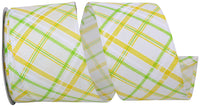 Wired Edge Ribbon White 2-1/2 Inch Plaid Stitch Sunshine
