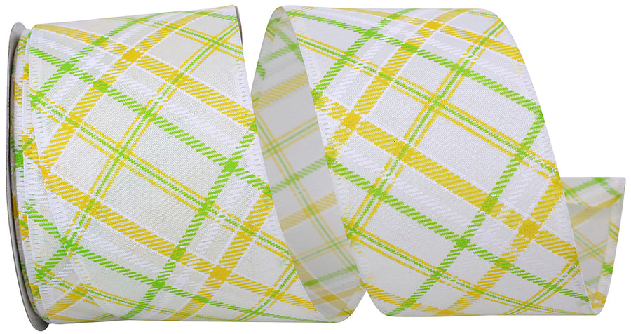 Wired Edge Ribbon White 2-1/2 Inch Plaid Stitch Sunshine