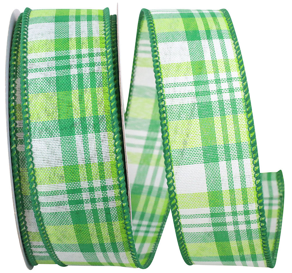 Emerald Forest Plaid Linen Wired Edge Ribbon 1-1/2 Inch