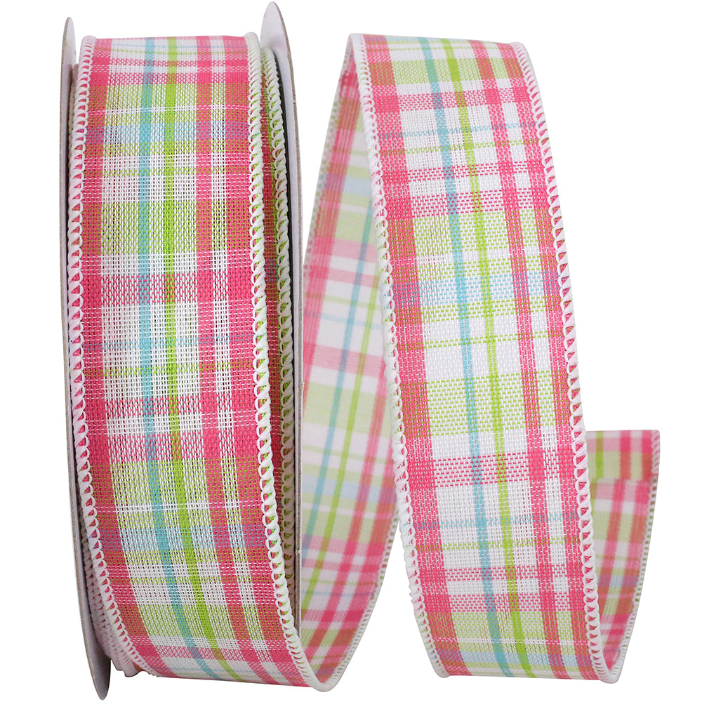 Watermelon Plaid Linen Wired Edge Ribbon 1-1/2 Inch