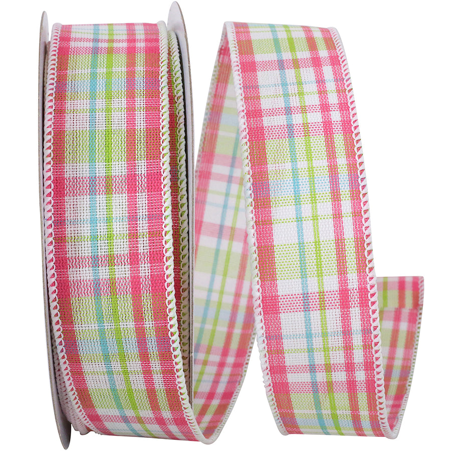Watermelon Plaid Linen Wired Edge Ribbon 1-1/2 Inch