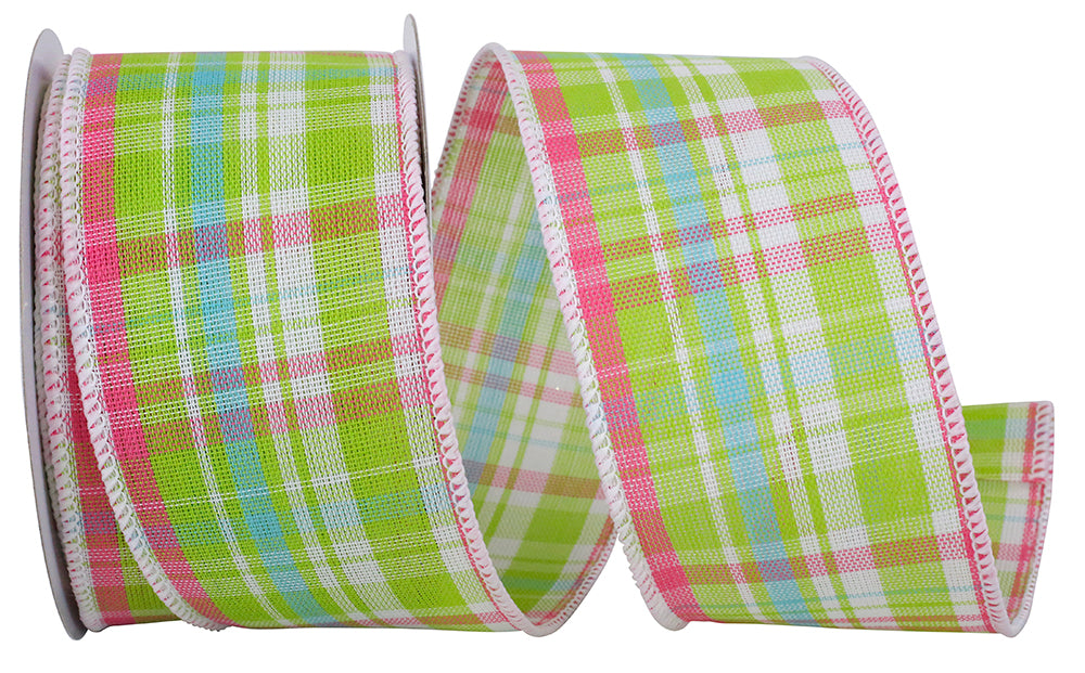 Watermelon Plaid Linen Wired Edge Ribbon 2-1/2 Inch