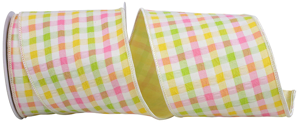 Multi 4 Inch Check Pastel Bright Seersucker Wired Edge Ribbon for Wreaths & Bows