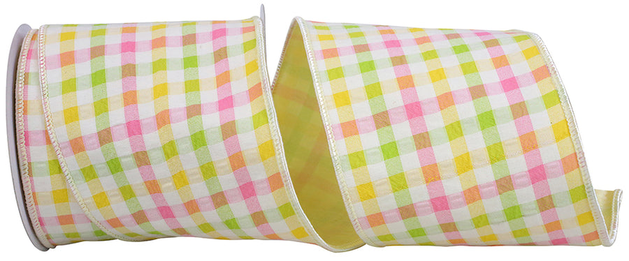 Multi 4 Inch Check Pastel Bright Seersucker Wired Edge Ribbon for Wreaths & Bows