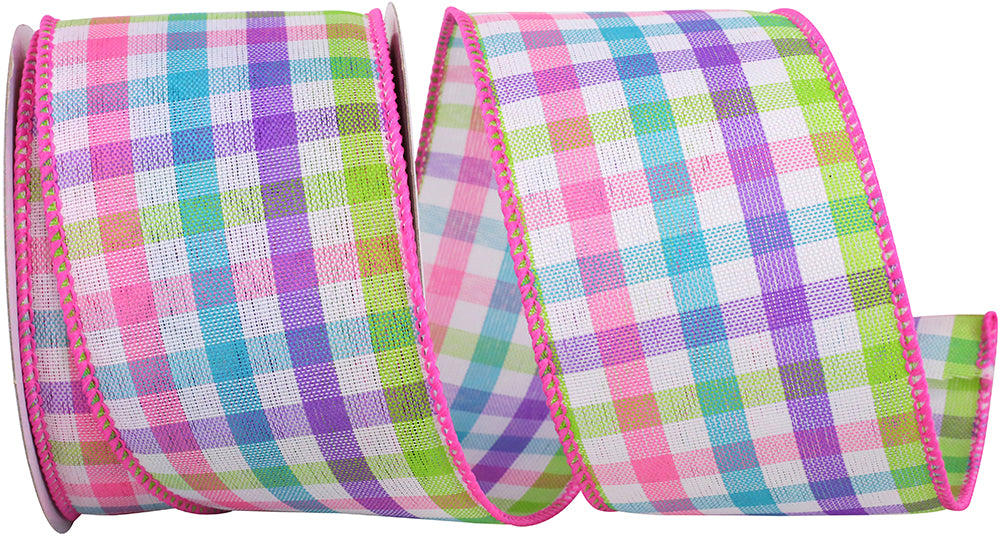 Purple 2-1 2 Inch Candy Shop Check Linen Wired Edge Ribbon for Wreaths & Bows
