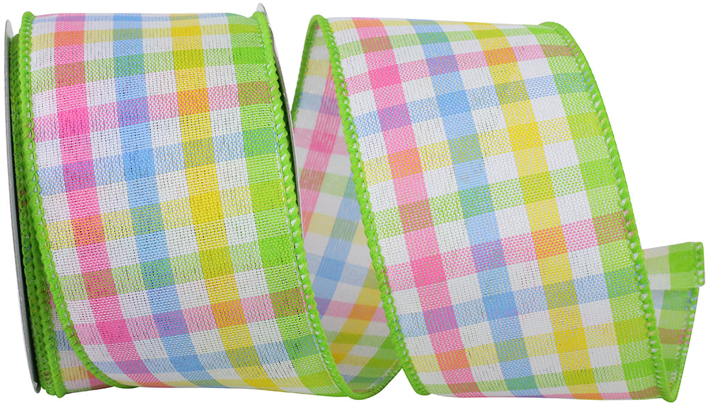 Yellow 2-1 2 Inch Candy Shop Check Linen Wired Edge Ribbon for Wreaths & Bows