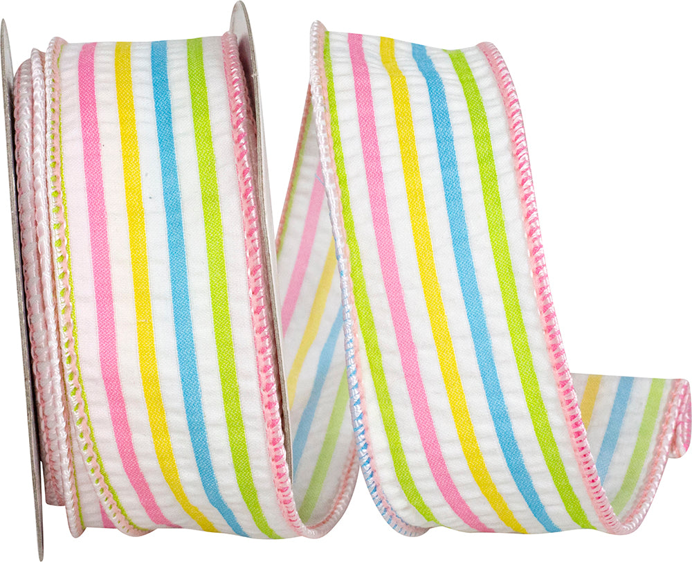 Pink 1-1 2 Inch Candy Stripe Seersucker Decor Wired Edge Ribbon for Wreaths & Bows