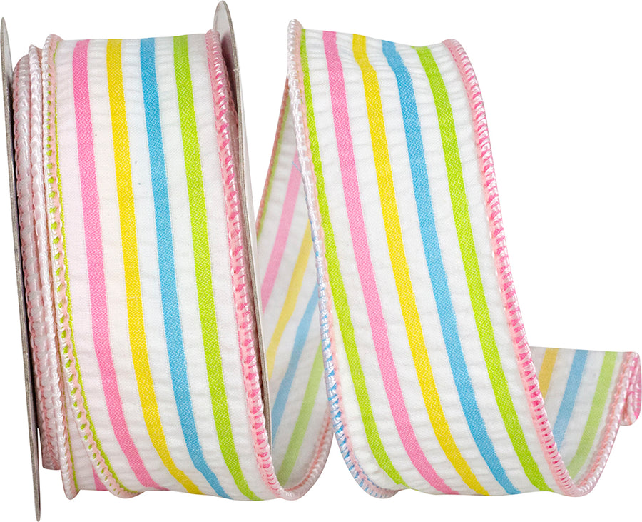 Pink 1-1 2 Inch Candy Stripe Seersucker Decor Wired Edge Ribbon for Wreaths & Bows