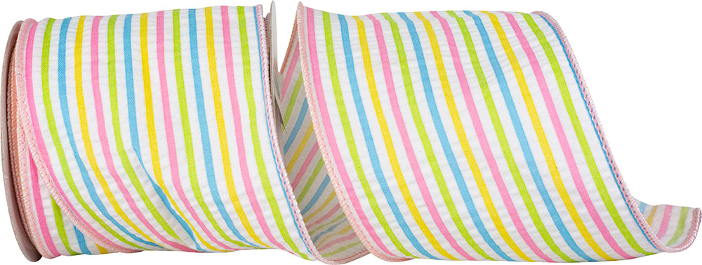 Pink 4 Inch Candy Stripe Seersucker Decor Wired Edge Ribbon for Wreaths & Bows