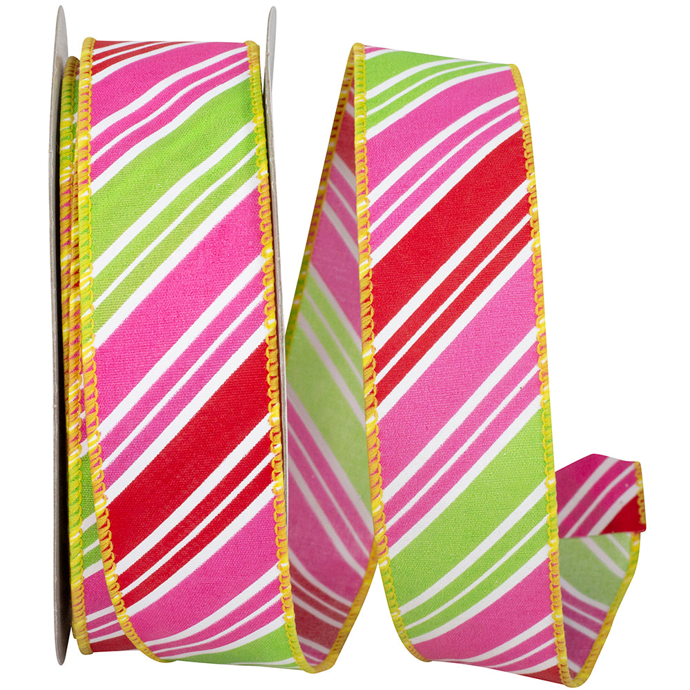 Watermelon 1-1 2 Inch Diagonal Multi Stripe Bright Wired Edge Ribbon for Wreaths & Bows