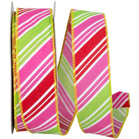 Watermelon 1-1 2 Inch Diagonal Multi Stripe Bright Wired Edge Ribbon for Wreaths & Bows