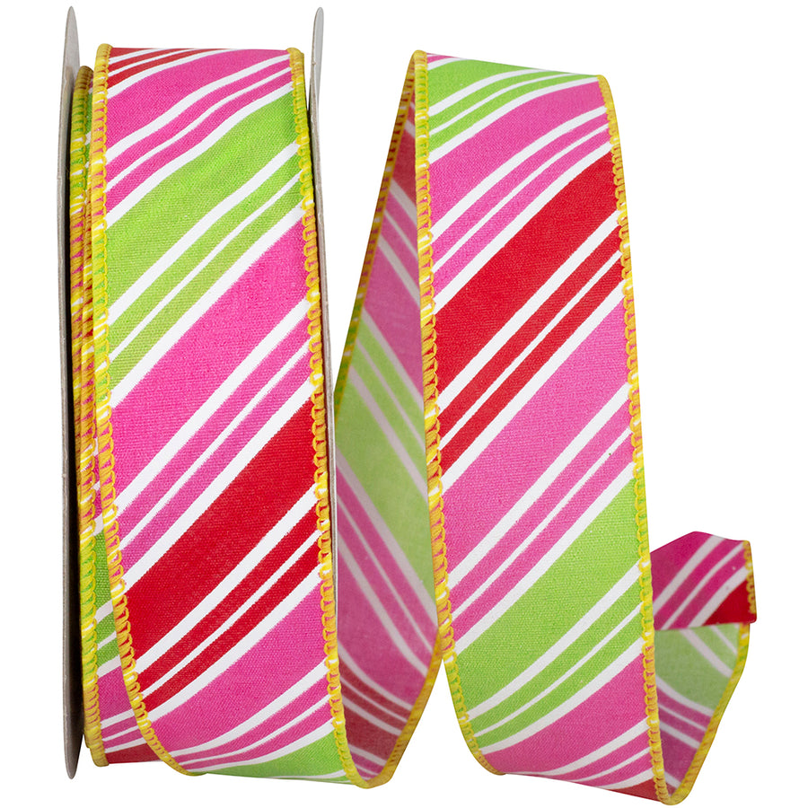Watermelon 1-1 2 Inch Diagonal Multi Stripe Bright Wired Edge Ribbon for Wreaths & Bows