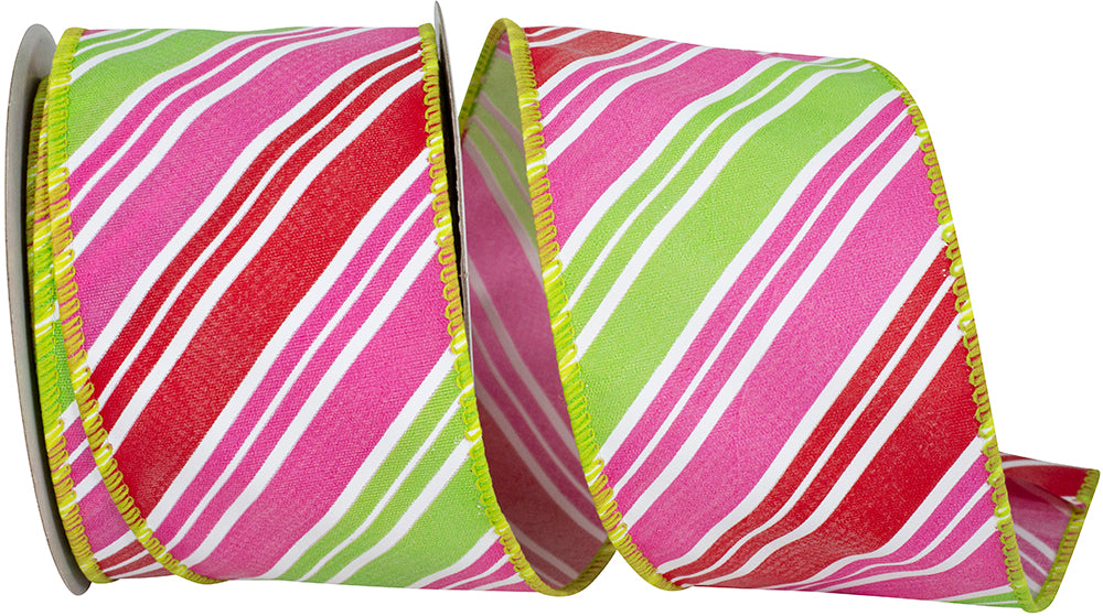 Watermelon 2-1 2 Inch Diagonal Multi Stripe Bright Wired Edge Ribbon for Wreaths & Bows