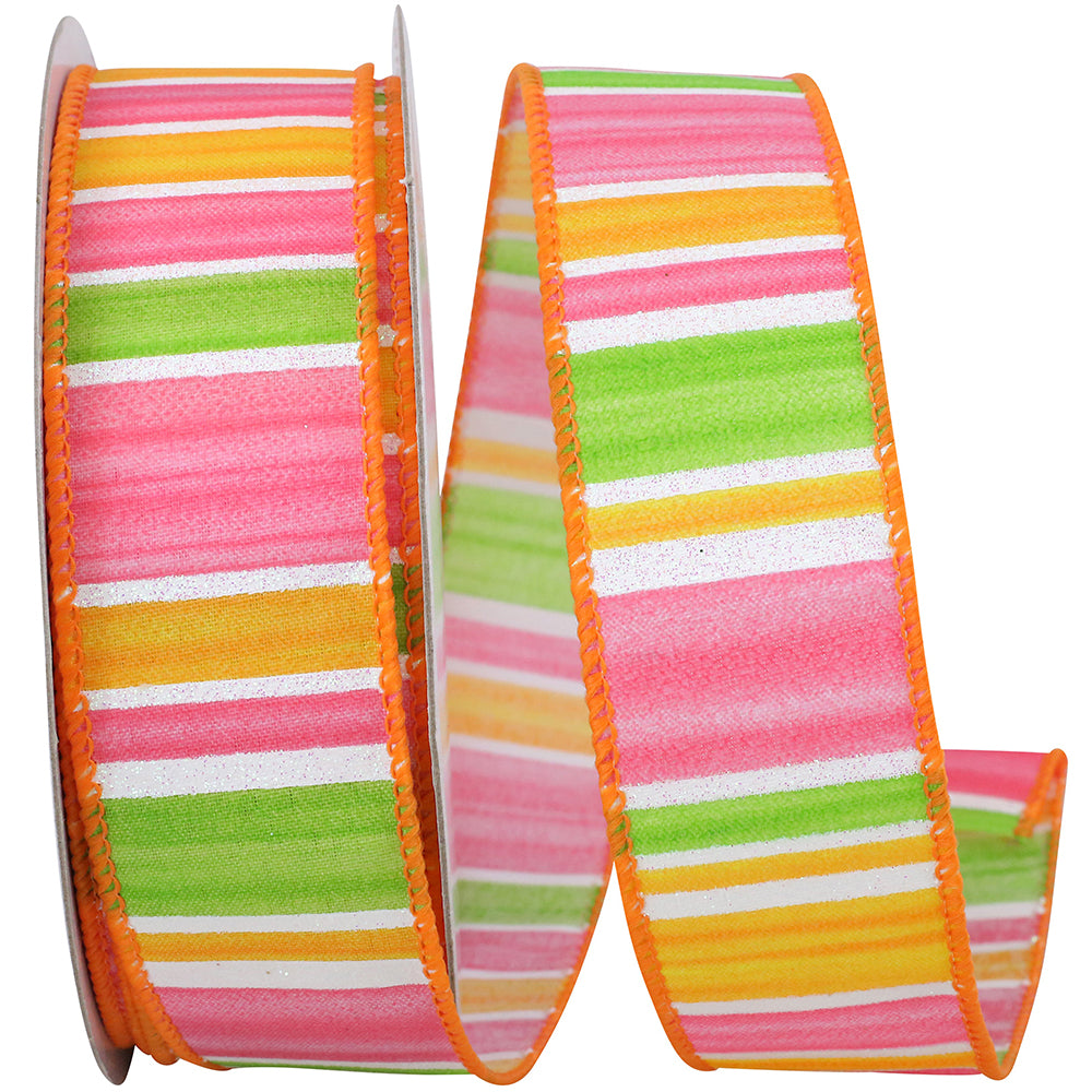 Multi 1-1 2 Inch Watermelon Iridescent Stripes Wired Edge Ribbon for Wreaths & Bows
