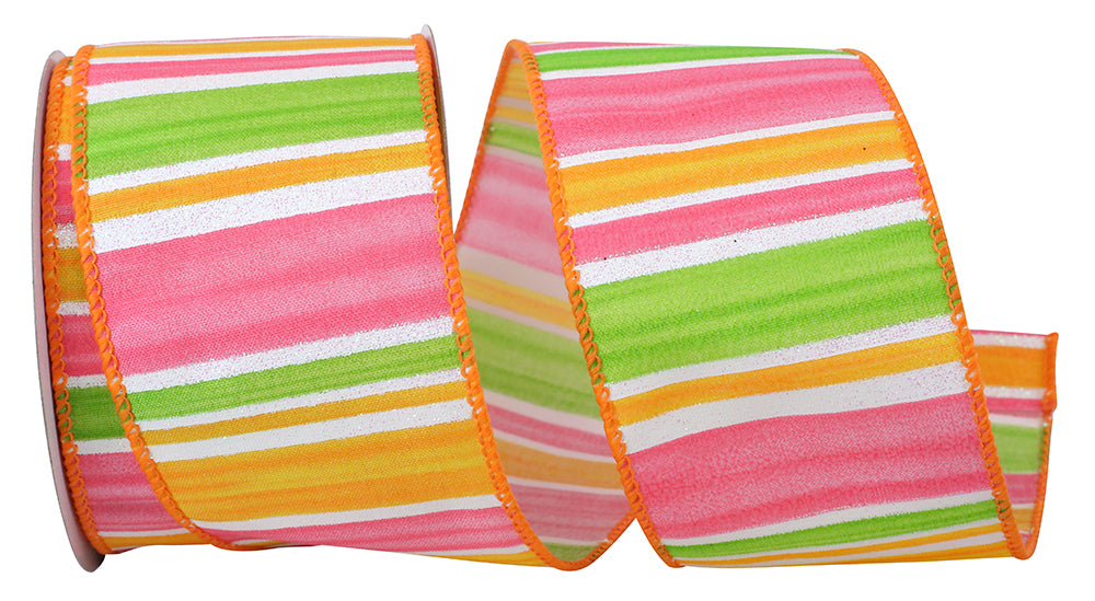 Multi 2-1 2 Inch Watermelon Iridescent Stripes Wired Edge Ribbon for Wreaths & Bows