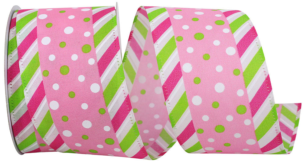 Fuchsia 2-1 2 Inch Dots Bright Diagonal Ticking Wired Edge Ribbon for Wreaths & Bows