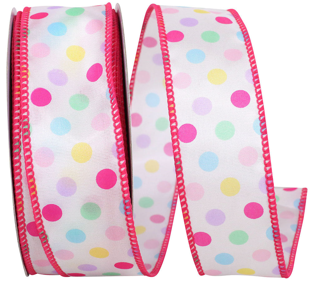 Pink 1-1 2 Inch Aspirin Pastel Multi Dot Wired Edge Ribbon for Wreaths & Bows